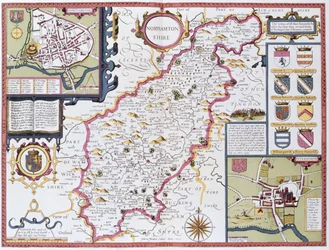 Northamptonshire, gravert av Jodocus Hondius (1563-1612) fra John Speeds "Theatre of the Empire of Great Britain", pub. av John Sudbury og George Humble, 1611-12 (håndfarget kobbergravering)